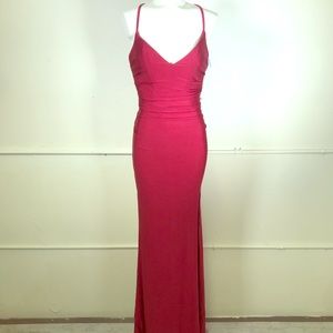 La Femme Cross Back Satin Jersey Trumpet Gown